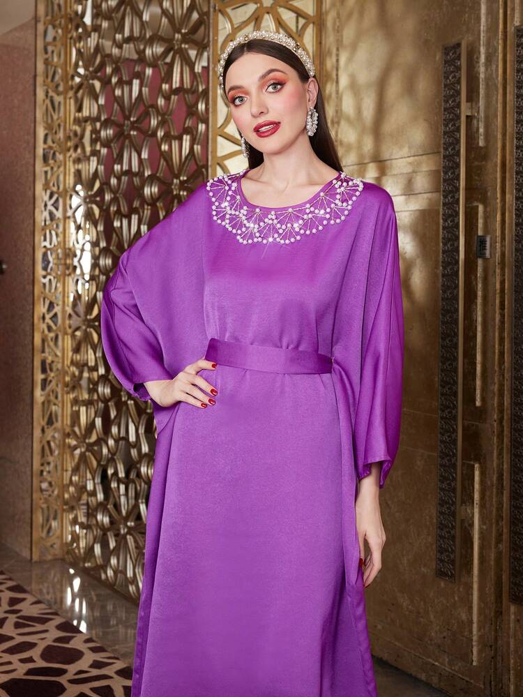 Women's Pearl Decorated Batwing Sleeve Kaftan Dress, Elegant Luxury Evening Party Style