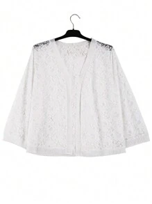 Camellia Flower Lace Spliced Ribbed 3/4 Sleeve Cardigan - White - View 3
