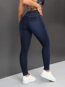 SHEIN PETITE Slim Fit Casual Jeans - Dark Wash - View 2