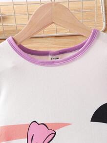 SHEIN Young Girl Simple Panda Pattern Printed Color Block Round Neck Short Sleeve Nightdress For Home