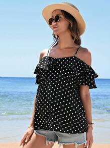 SHEIN Maternity Polka Dot Patchwork Ruffle Blouse With Ruffled Hem - Black - View 5