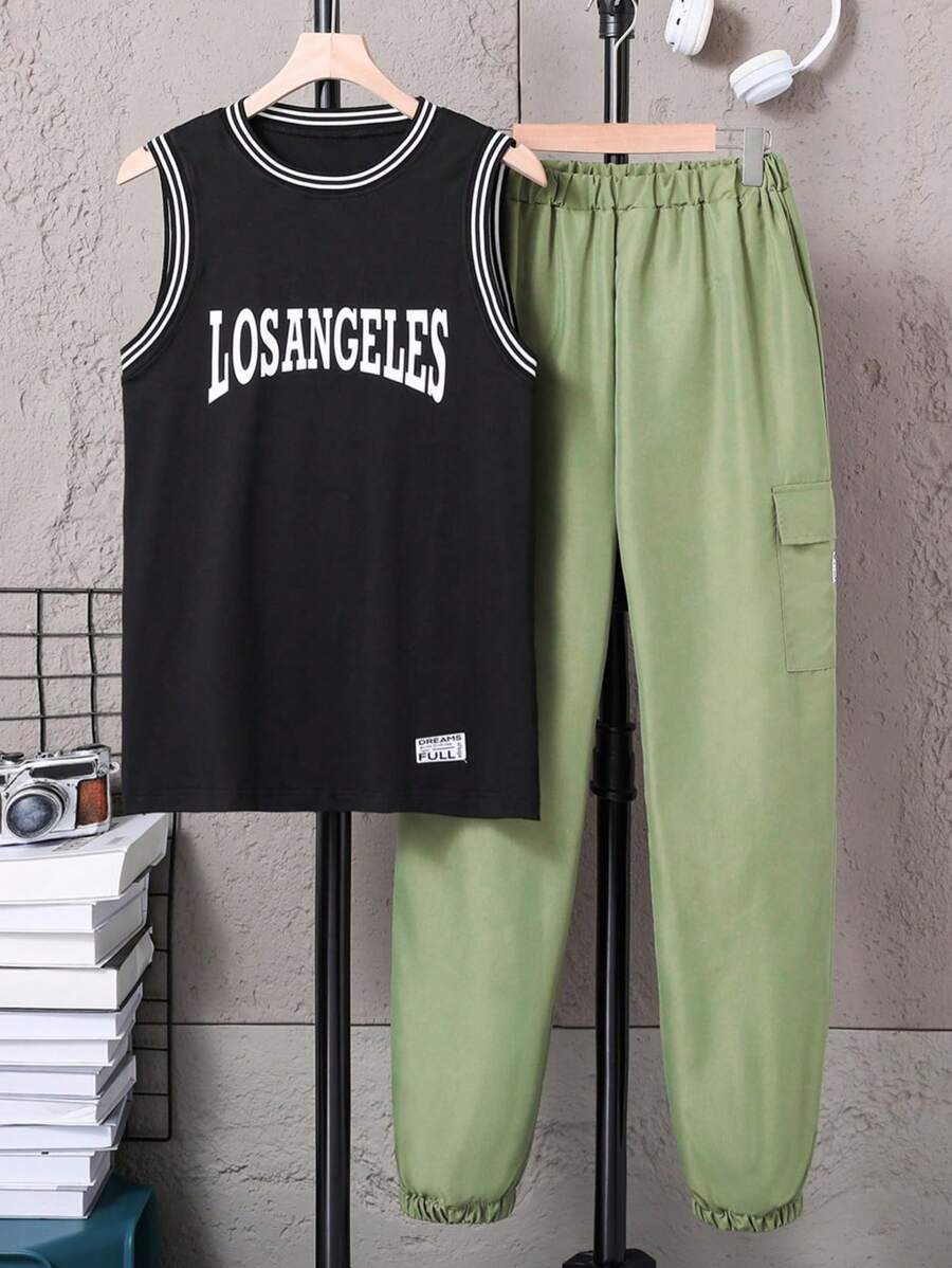 Teen Boy Letter Printed Vest And Long Pants Set, Casual Outfits