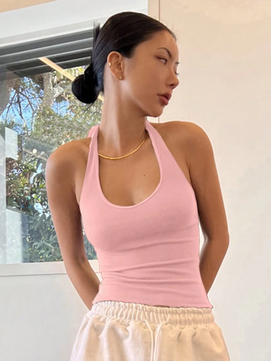 DAZY 女式纯色短款露背背心 - 粉色 - 查看 1