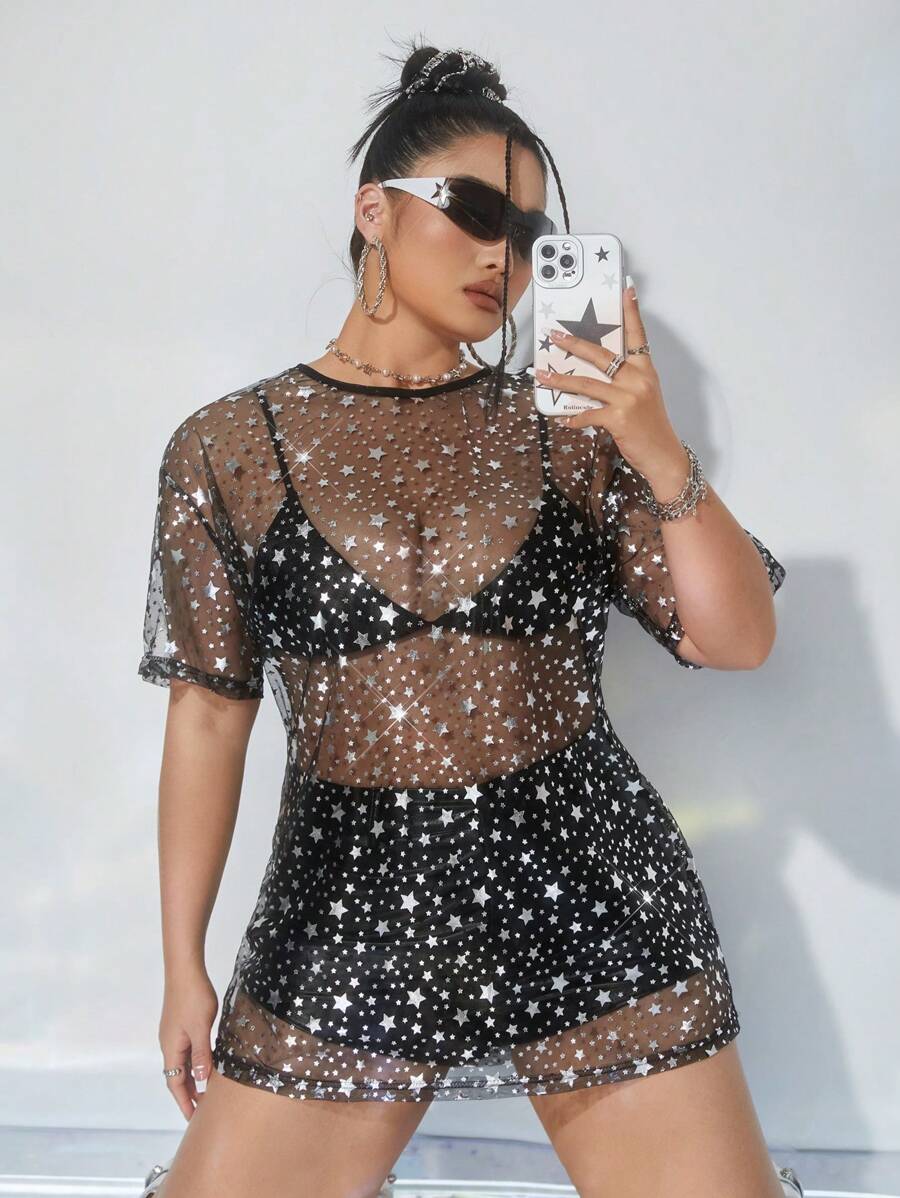 SHEIN ICON 大尺寸鬆身短袖透視裙,銀色星芒箔印花 - 彩色 - 查看 1