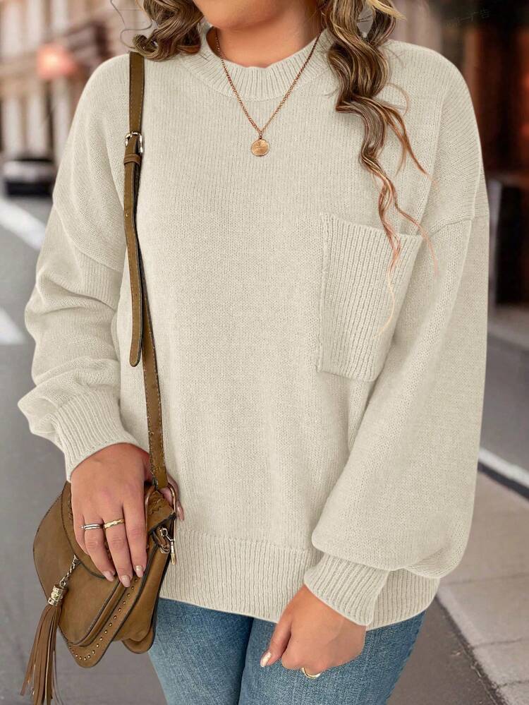 Plus Size Long Sleeve Sweater With Pockets, For Winter Knit Pullover Fall Autumn