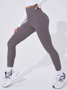 SHEIN Sports 女士纯色高腰日常健身紧身瑜伽裤 - 淺灰紫 - 查看 5