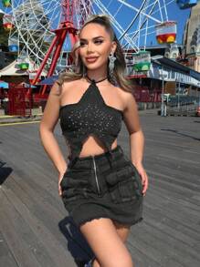 SHEIN SXY Falda Vaquera Midi Con Bolsillo De Borde Crudo Lavado, Traje De Festival Para Música Y Ropa De Mujer De Primavera Y Verano Estilo Oeste - Negro - Ver 7
