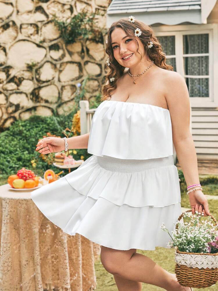 Plus Size Plain Bandeau Top & Ruffle Hem Knee Length Skirt With Gathered Waist