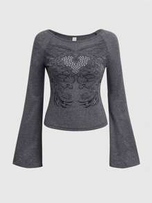 ROMWE Fairycore Heart Print Flounce Sleeve Tee - Grey - View 1