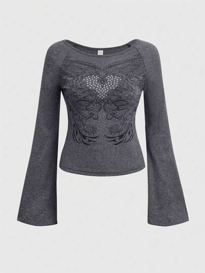 Fairycore Camiseta con estampado de corazón de manga con volante