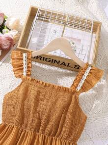 少女休闲别致荷叶边褶皱多层 A 字裙，荷叶边和短袖，适合度假、聚会、日常外出和与朋友聚会 - 摩卡棕 - 查看 3