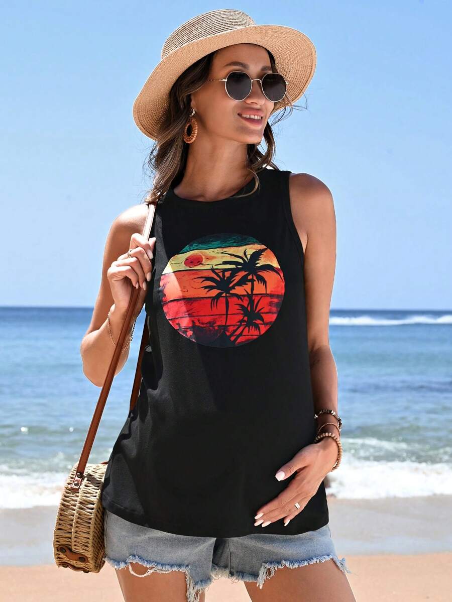SHEIN Maternity Coconut Tree Printed Round Neck Sleeveless Tank Top - Black - View 1