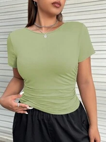 SHEIN EZwear Plus Size Solid Color Pleated Slim Fit T-Shirt