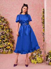 Modelyn 女式纯色泡泡袖连衣裙，带荷叶边下摆，长款晚礼服 - 寶藍色 - 查看 5