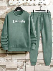 SHEIN Cottnline 男款字母圖形連帽衫和運動長褲 - 綠色 - 查看 2