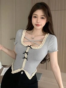 DAZY 修身款t恤,拼接、蝴蝶結和飾邊設計 - 灰色 - 查看 8