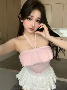 Dazy Designer Của phụ nữ Halterneck Kết cấu Thiết kế Wrapped Màu hồng Áo ba lỗ - Hồng - Xem 7