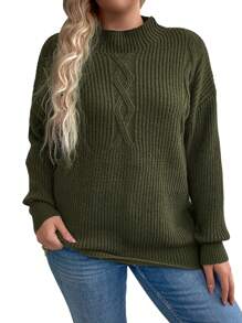 SHEIN LUNE Plus Size Solid Color Long Sleeve Pullover Sweater Knit Pullover Fall Winter - Army Green - View 4