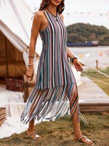 SHEIN BohoFeels Women's Bohemian Style Fringed Decorated Dress (Random Print)