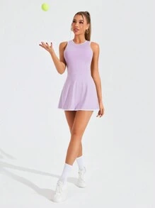 SHEIN Sovereign Charm Váy thể thao không tay cho nữ có cổ tròn và viền tương phản, váy thể thao quần vợt cho nữ - Màu tím - Xem 4