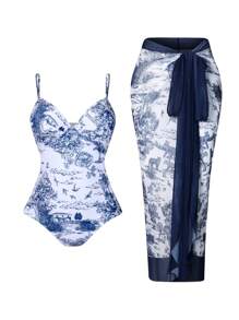 Swim Oasis Kích thước lớn Của phụ nữ In thực vật Áo tắm một mảnh Với Dây đai mỏng , 2 cái/bộ - Xanh và trắng - Xem 1