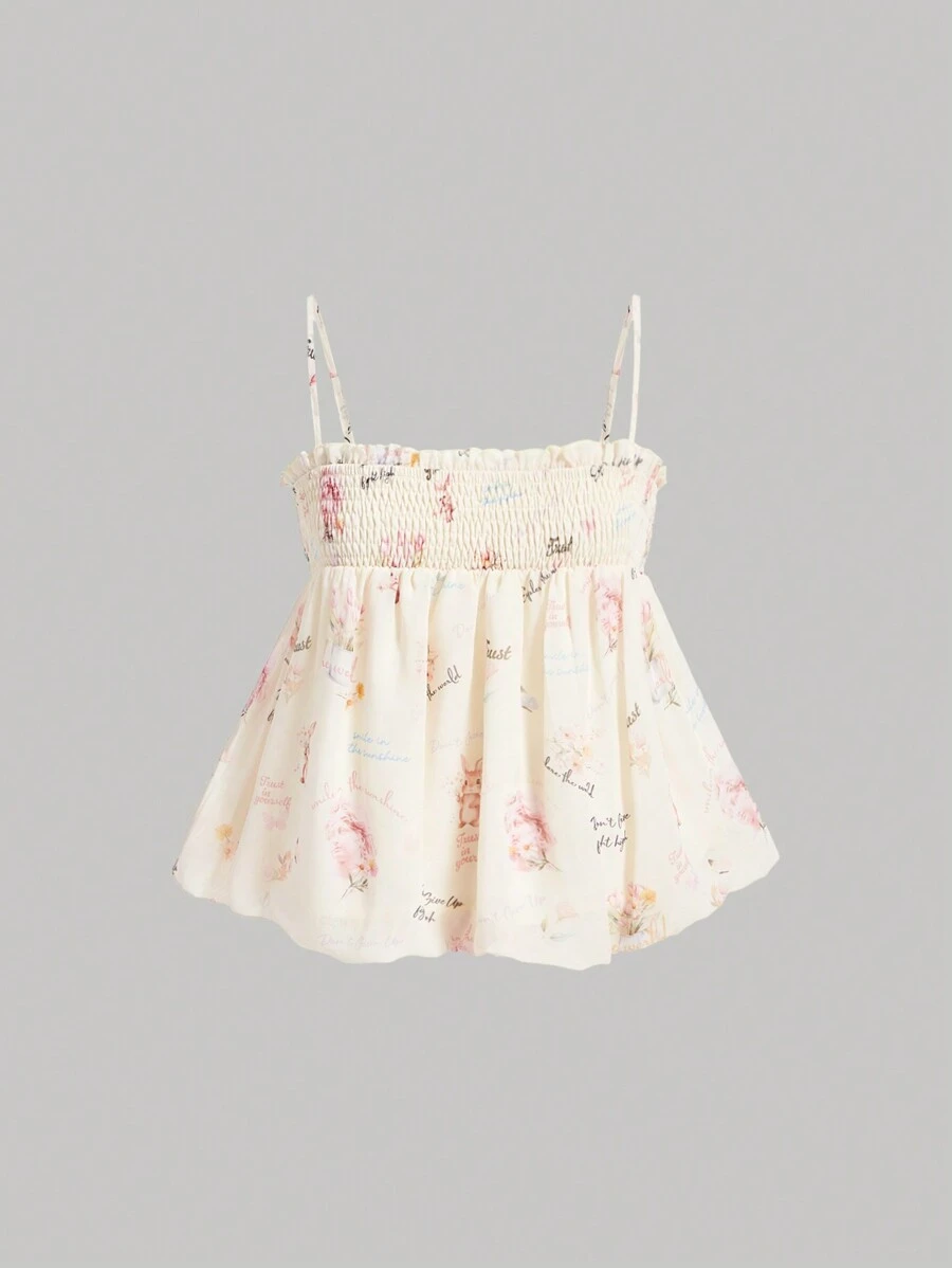 SHEIN MOD Của phụ nữ Hoa In Áo ba lỗ Áo Với Xù Hoa Sen Và Nếp uốn Mặt trước Bảng - Nhiều màu - Xem 1