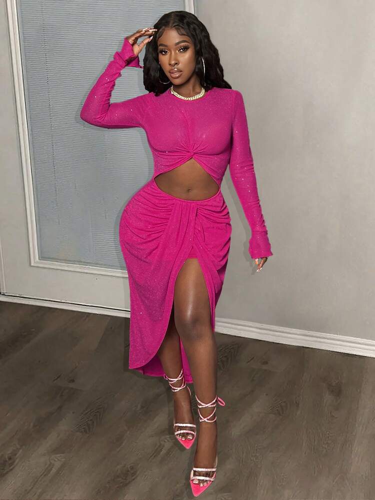 Valentine's Day Round Neck, Long Sleeves, Slit Cuffs, Slit Hem, Twisted Cropped Women's Ribbon, Mid-Front Gathers, Tight Mid-Length Dress, Rose Red Glitter Knitted Mesh Dress