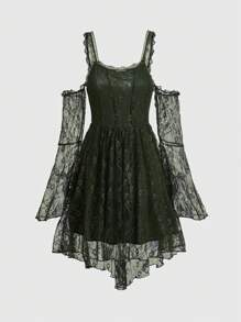 ROMWE Fairycore Contrast Lace Cold Shoulder Dress - Dark Green - View 1