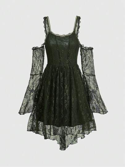 Fairycore Kleid mit Kontrast Spitzen, schulterfrei