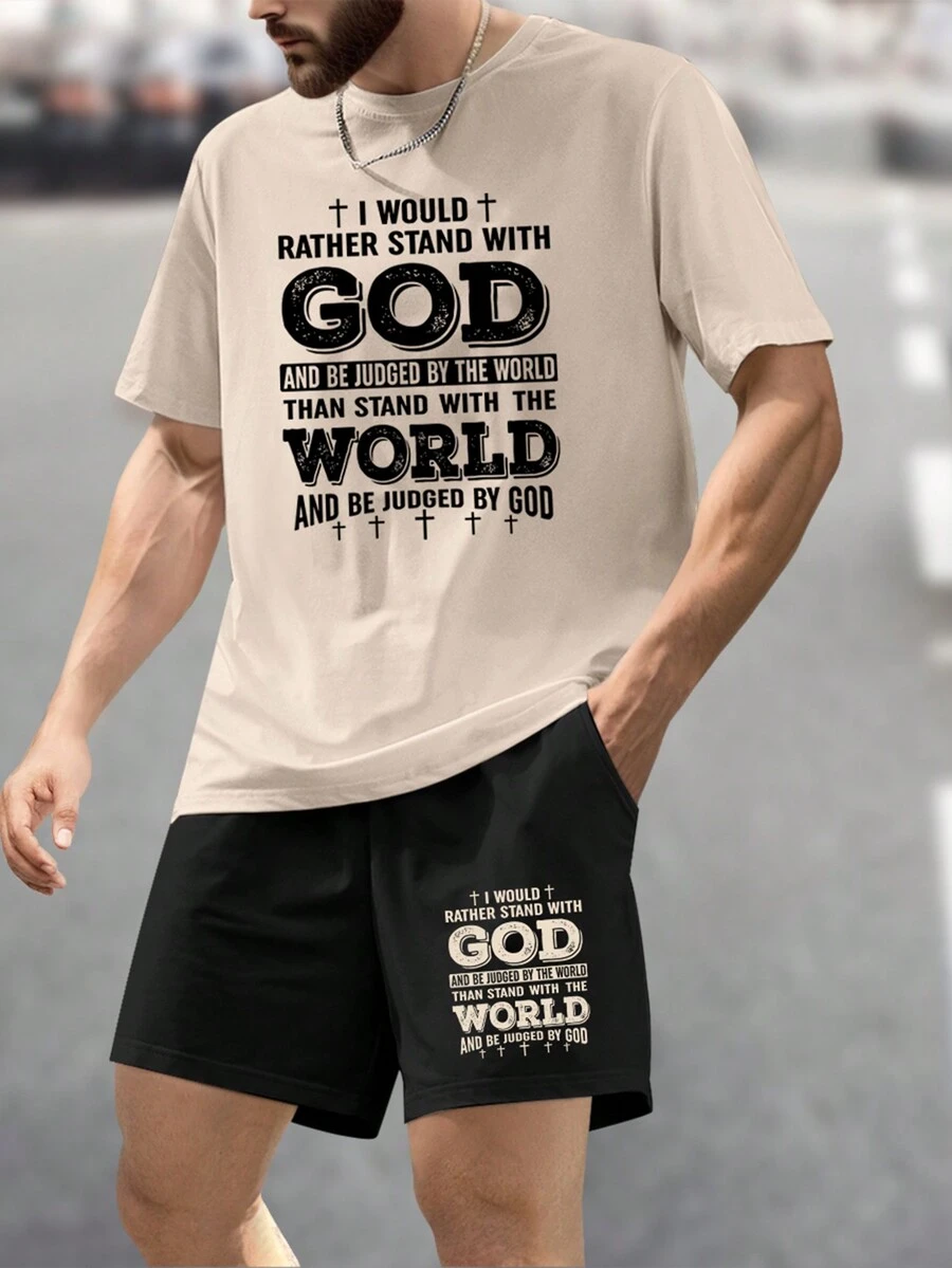 Manfinity Homme Ensemble T-shirt Et Short Imprimé De Slogan En Taille Plus Pour Homme - Multicolore - Voir 1