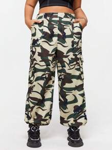 SHEIN EZwear 大尺碼女式休閒迷彩裝貨物褲,街頭穿搭必備 - 咖啡棕 - 查看 3