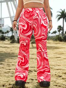 CovetEZ Quần ống loe in họa tiết đá cẩm thạch cỡ lớn cho nữ - Đỏ - Xem 3