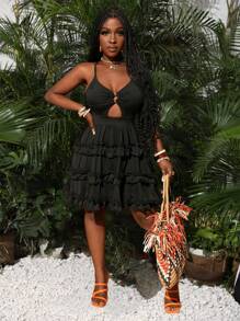 Slaydiva Vestido Elegante Con Tirantes Espagueti, Dobladillo Con Volantes Hueco De Color Sólido Para Vacacionar