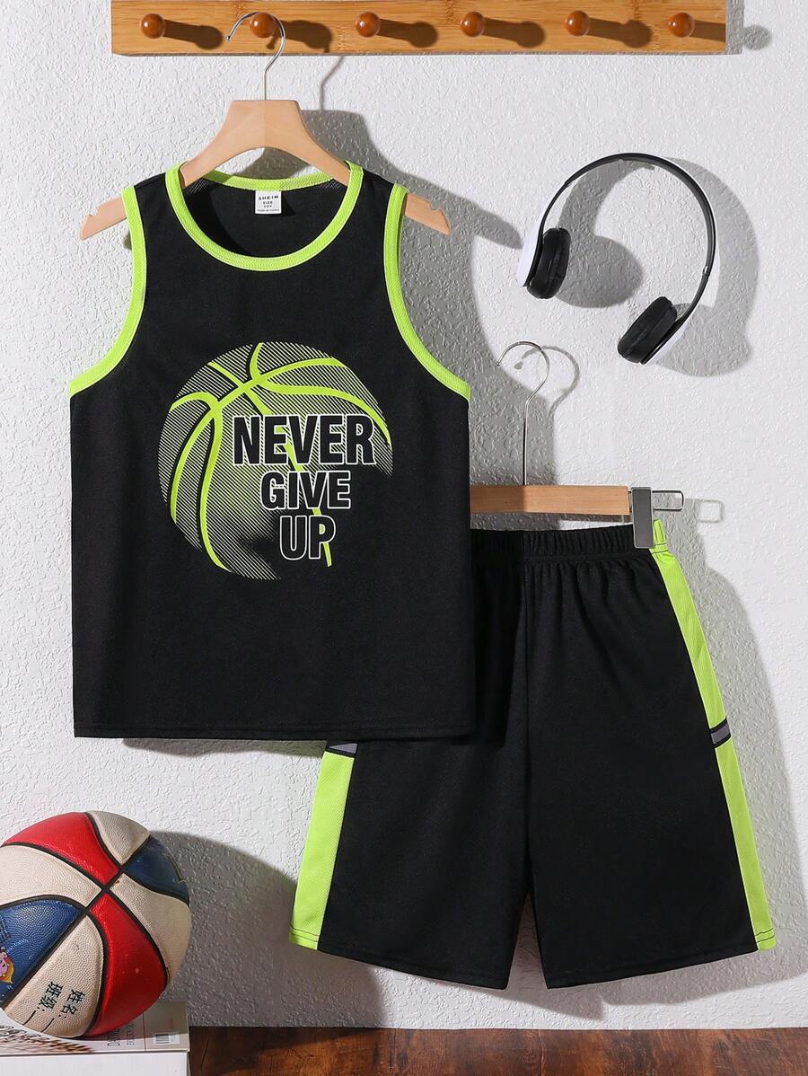 SHEIN 2pcs Tween Boy Loose Fit Sports Graphic Contrast Color Tank Top And Shorts Set,Kids - Green - View 1