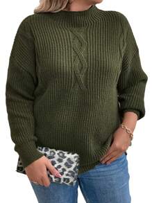 SHEIN LUNE Plus Size Solid Color Long Sleeve Pullover Sweater Knit Pullover Fall Winter - Army Green - View 1