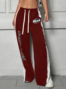 Flirla Pantalones Largos Con Estampado De Letras Y Cintura Con Cordón - Rojo - Ver 4