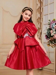 SHEIN Tween Girls' Stand Collar Sleeveless Satin Layered Dress With Ruffle Hem Decoration
