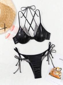 SHEIN Swim Ladies' Metal Textured Halter Neck & Tie Back Bikini Set Summer - Multicolor - View 1