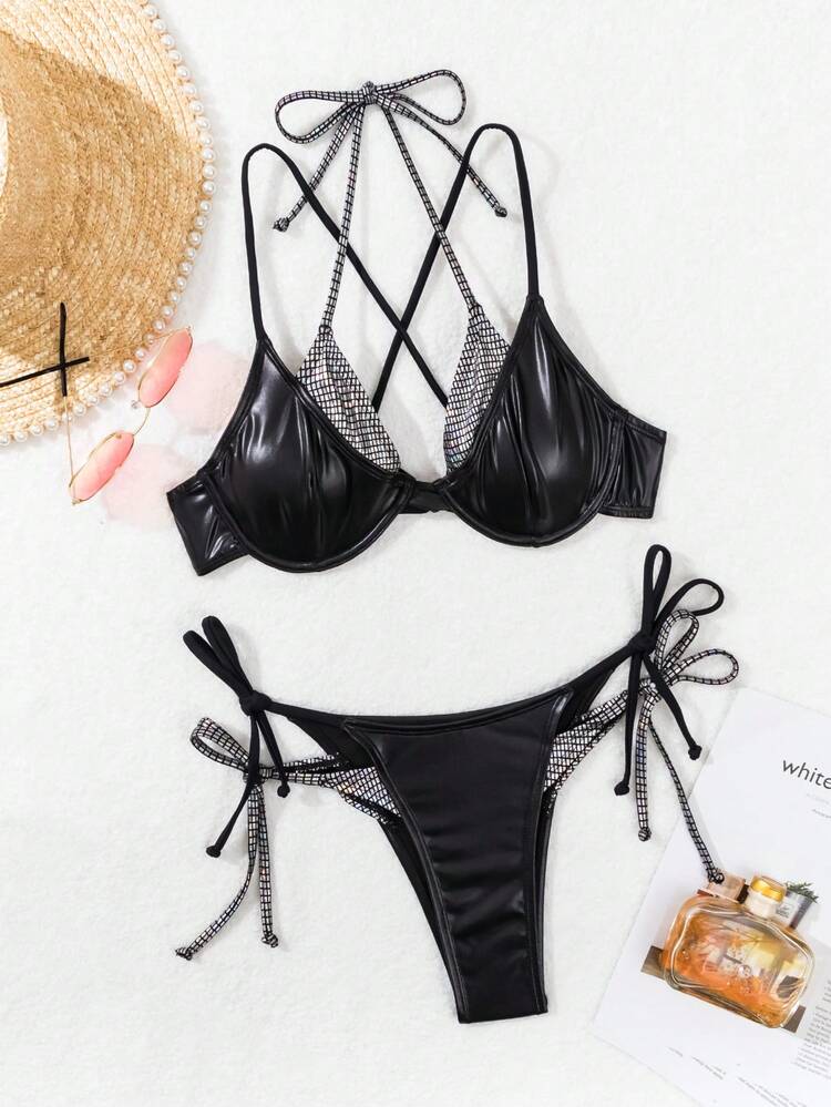 Ladies' Metal Textured Halter Neck & Tie Back Bikini Set Summer
