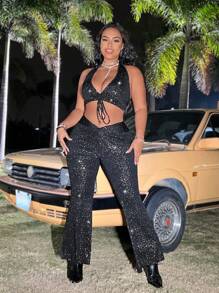 Flirla Top Halter Plus Size Prata Com Nó Na Frente E Calças Flare - Preto - Visão 4