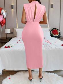 Women's Summer Elegant Fashionable Turtleneck Wrap Front Slit Dress - Pink - View 2