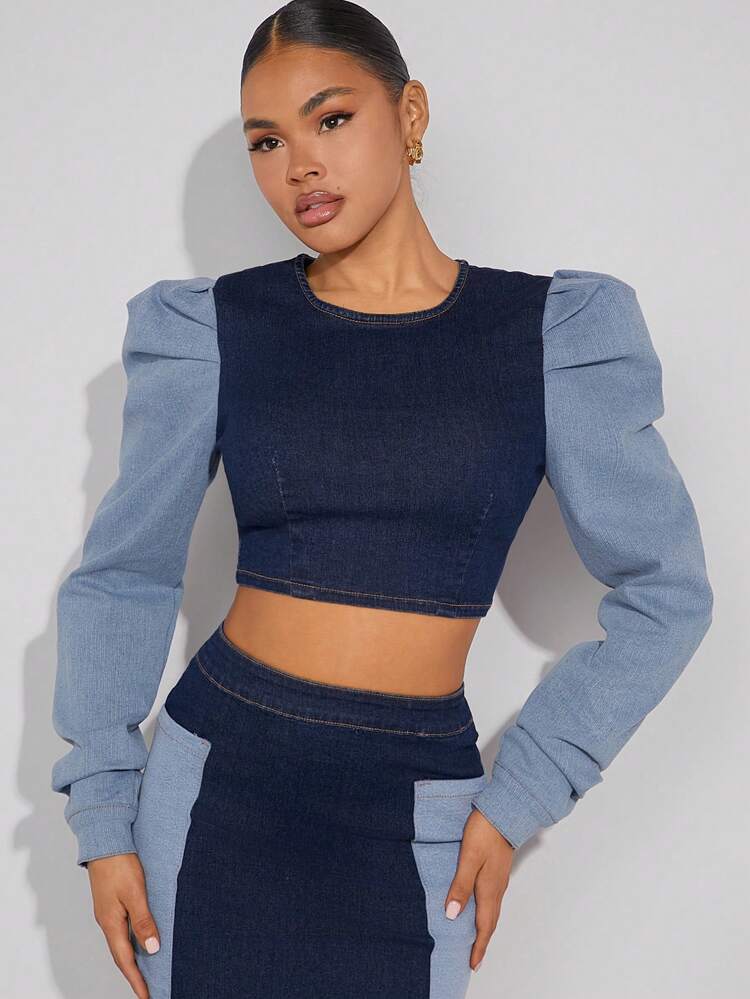 Puff Sleeve Colorblock Crop Denim Top