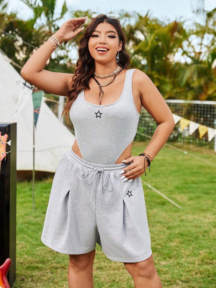 Plus Size Women's High-Cut Star Print Bodysuit And Drawstring Waist Shorts Two-Piece Set