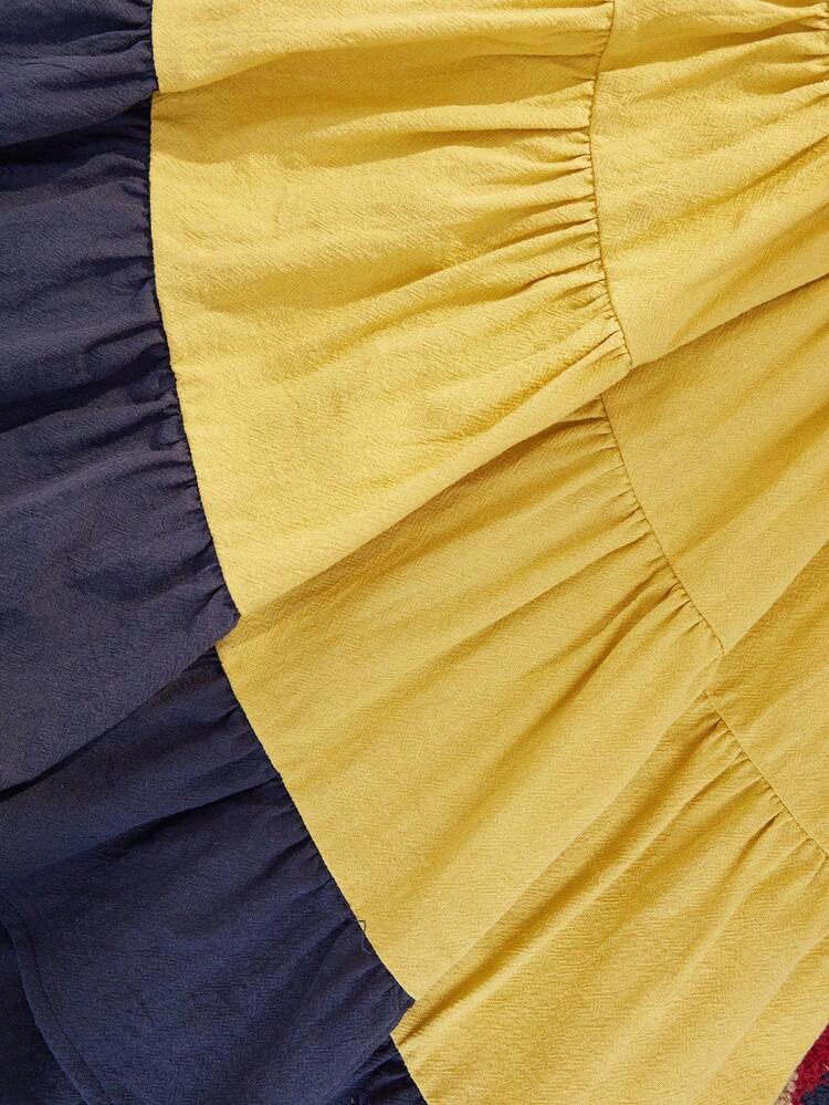 Young Girl Loose Cute Contrast Tape Asymmetrical Hem Puff Sleeve Dress With Color Block Design