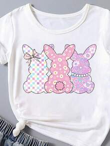 夏季青少女復活節兔子剪影多色格子珍珠花印花短袖休閒T恤 - 白色 - 查看 3