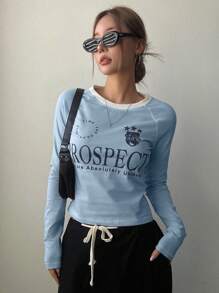 DAZY Women's Slogan Printed Round Neck Long Raglan Sleeve T-Shirt Jersey,Fall Clothes Long Sleeve Women Tops - Blue - View 3