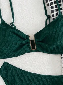 SHEIN Swim Ensemble Bikini Col En V Tricoté Côtelé Avec Détail Découpé, Festival De Musique - Vert sapin - Voir 5