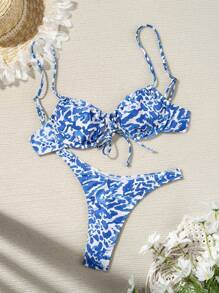 SHEIN Swim Summer Beach Random Printing Bikini Set - Blue and White - View 1
