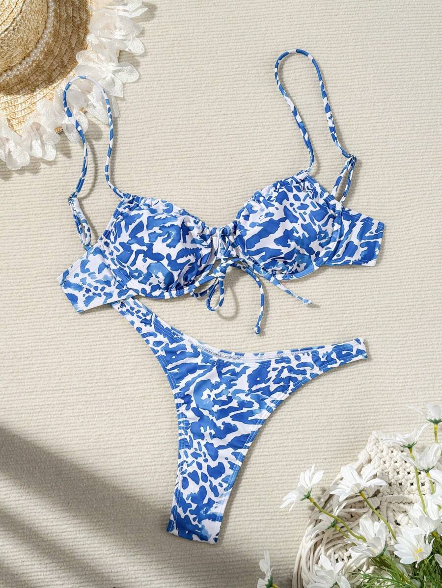 SHEIN Swim Summer Beach Random Printing Bikini Set - Blue and White - View 1