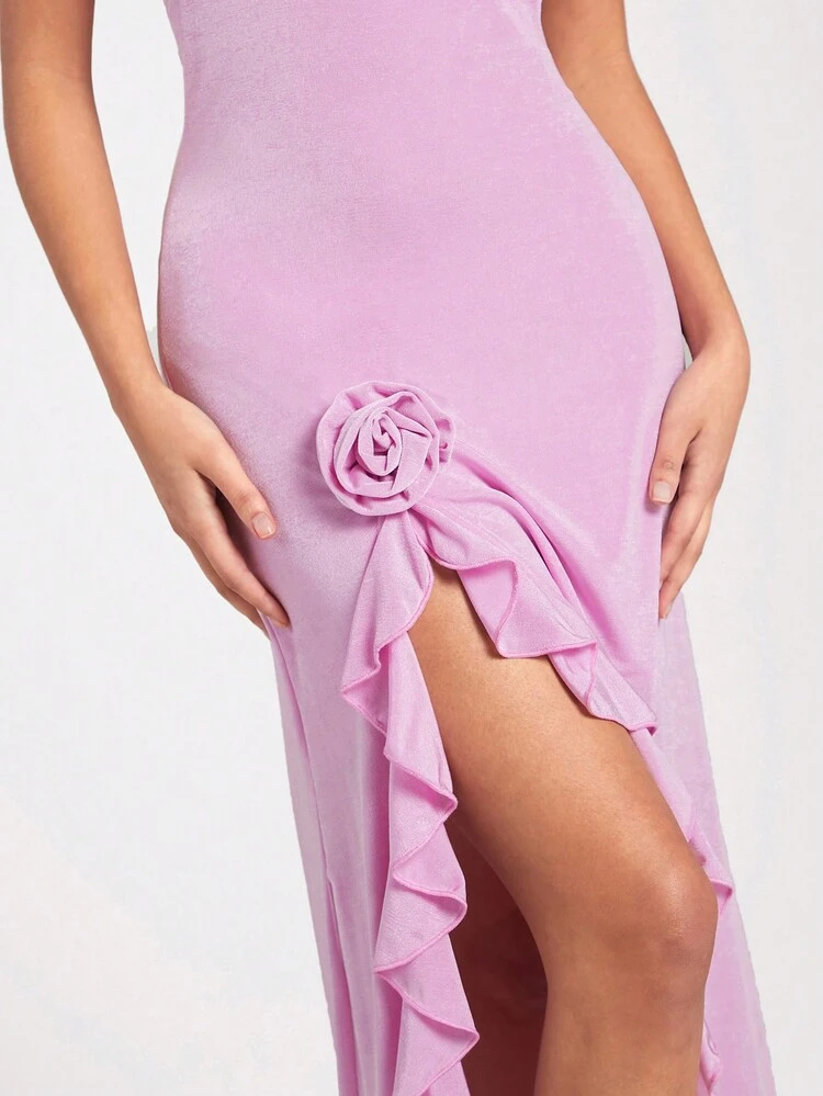 Ladies' Long Dress With Halter Neck, Side Slits, Frill And Open Back